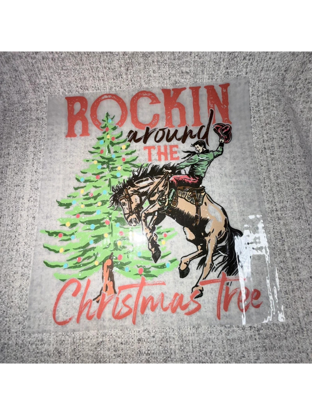 New Rockin Around Christmas Tree Cowboy Rodeo Western DTF T-Shirt Transfer XMAS